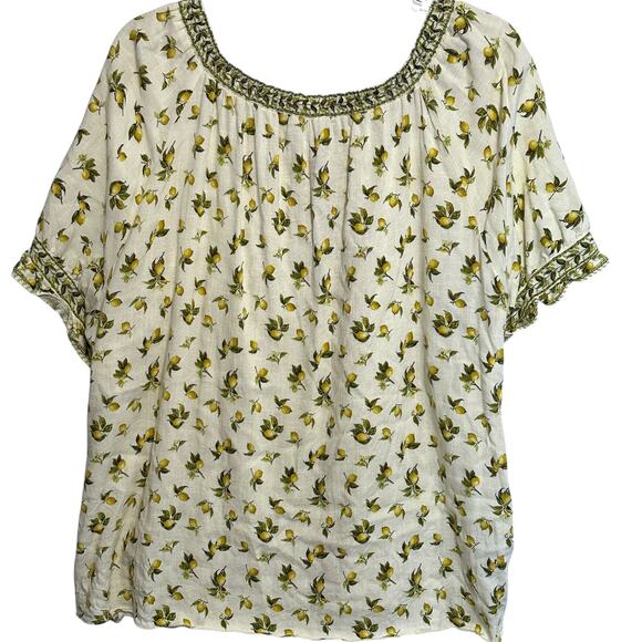 Max Studio Peasant Top Womens Size 2X Lemon Print Cream Green Citrus Boho Knit - Picture 5 of 10